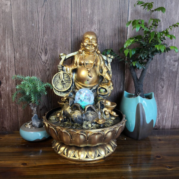 Fontaine Bouddha rieur décorative en résine